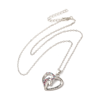 Colorful Rhinestone Heart with Unicorn Pandant Necklace with Cable Chains, Word You are Magical Alloy Jewelry for Women, Platinum, 18.23 inch(46.3cm)