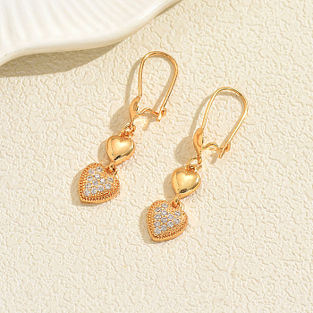 Brass Hoop Earrings, with Rhinestone, Real 18K Gold Plated, Heart, 40mm