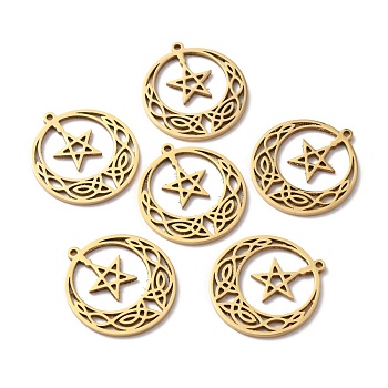 304 Stainless Steel Pendants, Hollow, Flat Round with Star Pattern, Golden, 27x24.5x1.5mm, Hole: 1.5mm