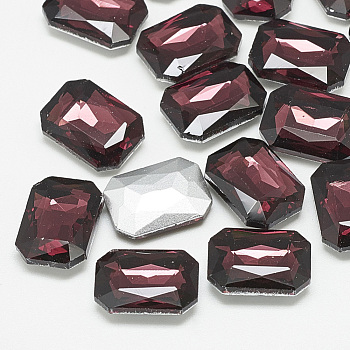 Pointed Back Glass Rhinestone Cabochons, Faceted, Rectangle Octagon, Burgundy, 14x10x4mm