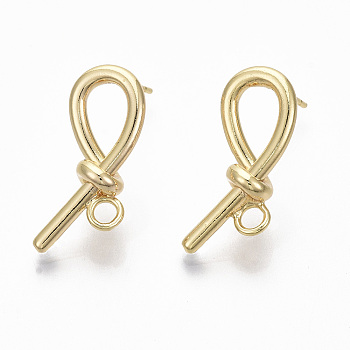 Brass Stud Earring Findings, with Loops, Nickel Free, Knot, Real 18K Gold Plated, 22x9mm, Hole: 2mm, Pin: 0.7mm