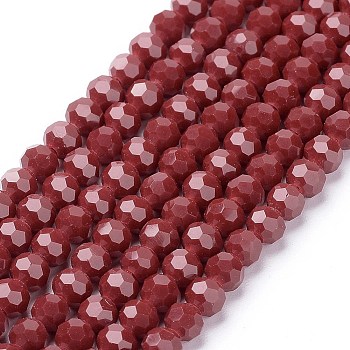 Faceted(32 Facets) Round Glass Beads Strands, Dark Red, 4mm, Hole: 1mm, about 88~90pcs/strand, 28~30cm