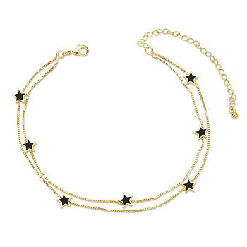 SHEGRACE Brass Multi-Strand Anklets, with Epoxy Resin and Box Chains, Star, Black, Real 24K Gold Plated, 8-1/4 inch(21cm)