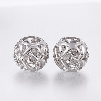 Brass Micro Pave Cubic Zirconia European Beads, Large Hole Beads, Hollow, Rondelle, Clear, Platinum, 10x9mm, Hole: 4.2mm