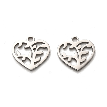 Valentine's Day 316 Surgical Stainless Steel Charms, Laser Cut, Heart Charm, Stainless Steel Color, Leaf, 12x13x1mm, Hole: 1.6mm
