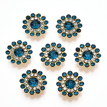 Rhinestone Buttons, with Golden Tone Iron Findings, Flower, Aquamarine, 14x5mm