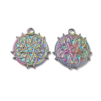 Ion Plating(IP) 304 Stainless Steel Pendant, Flat Round with Star Charm, Rainbow Color, 22x20x2mm, Hole: 2.5mm