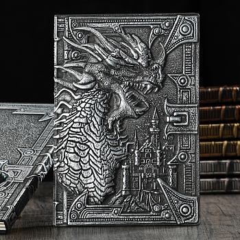 3D Embossed PU Leather Notebook, A5 Dragon Pattern Journal, for School Office Supplies, Antique Silver, 215x145mm
