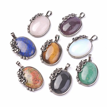 Natural & Synthetic Mixed Stone Pendants, with Brass Findings, Oval with Flower, Antique Silver, 35x26.5x9mm, Hole: 7x5mm