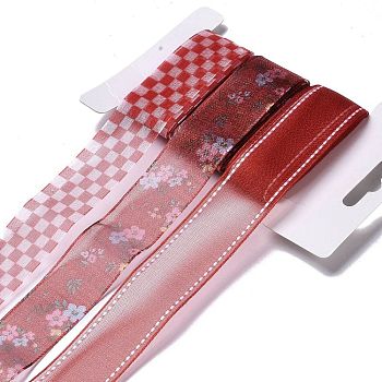 Polyester & Polycotton Ribbons Sets, for Bowknot Making, Gift Wrapping, FireBrick, 1 inch(26.5mm), 3 styles, about 3.00 Yards(2.74m)/Style, 9 Yards/Set