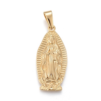 304 Stainless Steel Lady of Guadalupe Pendants, Miraculous Medal, Virgin Mary, Golden, 40x18x3.5mm, Hole: 4.5x9mm