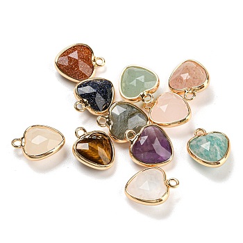 Natural & Synthetic Mixed Gemstone Faceted Heart Charms, with Golden Tone Brass Edge, 13.5x11x5mm, Hole: 1.6mm