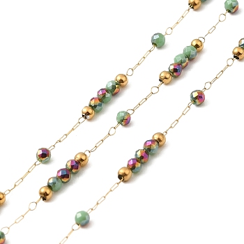 Brass Handmade Beaded Chains, with Glass Beads, with Spool, Unwelded, Real 18K Gold Plated, Dark Sea Green, 9~9.5x2x2mm, about 32.81 Feet(10m)/Roll