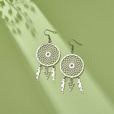 304 Stainless Steel Woven Net with Feather Dangle Earrings for Women(EJEW-JE05005)-3