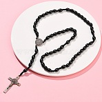 Oval Wood Rosary Bead Necklaces, Alloy Saint Benedict Medal Jesus Cross Pendant Necklaces, Red Copper, Black, 24.41 inch(62cm)(NJEW-C108-01)
