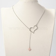 Trendy Alloy Heart Lariat Necklaces, with Rose Quartz Beads, Stainless Steel Cable Chains and Brass Lobster Claw Clasps, Platinum, 18.1 inch(NJEW-JN01057-01)