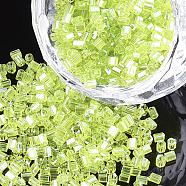 Grade A Glass Seed Beads, Hexagon(Two Cut), Transparent Colours Lustered, Green Yellow, 1.5~2.5x1.5~2mm, Hole: 0.8mm, about 2100pcs/bag, 450g/bag(SEED-S022-03L)