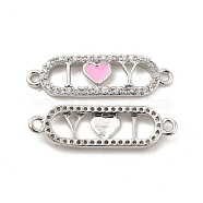 Brass Micro Pave Clear Cubic Zirconia Connetor Charms, with Enamel, Oval Links with Pink Heart, Platinum, 7x24.5x2.5mm, Hole: 1.4mm(KK-E068-VB403-1)