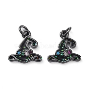 Rack Plating Brass Micro Pave Colorful Grade AAA Cubic Zirconia Pendants, with Enamel and Jump Ring, Long-Lasting Plated, Cadmium Free & Lead Free, Witch Hat Charms, Gunmetal, 11x11.5x2.5mm, Hole: 2mm(KK-M280-07B)