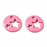 Spray Painted Brass Charms, Flat Round with Star, Hot Pink, 14.5x14.5x2.5mm, Hole: 2mm(X-KK-Q252-003H)