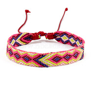 Cotton Braided Rhombus Cord Bracelet, Ethnic Tribal Adjustable Bracelet for Women, Hot Pink, Inner Diameter: 7-1/8~9-7/8 inch(18~25cm)(PW-WG48792-05)