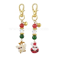 Christmas Santa Claus & Deer Handmade Glass Seed Beads Pendant Decorations, Round Natural & Dyed Malaysia Jade & Swivel Lobster Clasp Charms for Bag Ornaments, Golden, 87~90mm, 2pcs/set(HJEW-MZ00068)