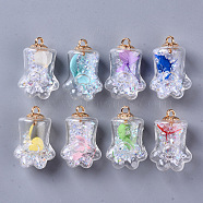 Bear Paw Transparent Glass Pendants, with Dried Flower & Resin Rhinestones inside, Plastic CCB Cup Pearl Peg Bails Pin Pendants Bails, Golden, Mixed Color, 37~38x25x20.5mm, Hole: 3.5mm(GLAA-S181-10)