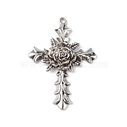 Alloy Pendants, Cadmium Free & Lead Free, Cross with Rose Charm, Antique Silver, 55x39.5x6.5mm, Hole: 3mm(PALLOY-M206-20AS)