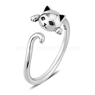 Rhodium Plated 925 Sterling Silver Cute Cat Ring Adjustable Half Open Ring Platinum Plated Ring Zircon Finger Ring Lovely Animal Jewelry Gift for Women, Inner Diameter: 16mm(JR952A)