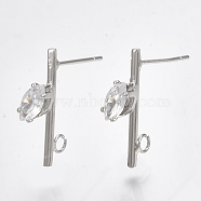 Brass Cubic Zirconia Stud Earring Findings, with Loop, Clear, Real Platinum Plated, 20x6mm, Hole: 2mm, Pin: 0.7mm(KK-S348-350)