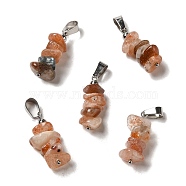Natural Sunstone Chip Pendants, Lucky Charms with Stainless Steel Color Plated Stainless Steel Snap on Bails, 24~27x11~14x7~10mm, Hole: 7x4mm(G-H307-07P-10)