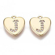 Brass Micro Pave Clear Cubic Zirconia Charms, Nickel Free, Real 18K Gold Plated, Flat Heart, Letter.J, 10x10x1mm, Hole: 1mm(KK-N231-234J-NF)