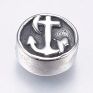 304 Stainless Steel Beads, Flat Round, with Helm and Anchor, Antique Silver, 10.5x4.5mm, Hole: 1.5mm(STAS-I069-26AS)
