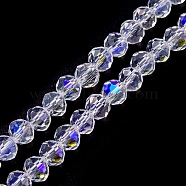 Electroplate Transparent Glass Beads Strands, Half Rainbow Plated, Faceted, Rondelle, Clear, 6x5mm, Hole: 1mm, about 85~88pcs/strand, 16.1~16.5 inch(41~42cm)(EGLA-YW0001-65A)