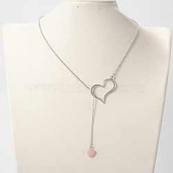 Trendy Alloy Heart Lariat Necklaces, with Rose Quartz Beads, Stainless Steel Cable Chains and Brass Lobster Claw Clasps, Platinum, 18.1 inch(NJEW-JN01057-01)