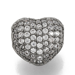 Brass Micro Pave Cubic Zirconia Beads, Heart, Clear, Gunmetal, 9x8x6mm, Hole: 1.2mm(ZIRC-T006-11B)