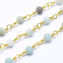 Frosted Natural Amazonite Handmade Beaded Chains, Unwelded, Lead Free & Cadmium Free, with Spool, with Brass Eye Pin, Long-Lasting Plated, Round, Golden, 14x4mm, about 32.8 Feet(10m)/roll(CHC-L036-27G-4mm)