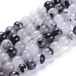 Natural Tourmalinated Quartz/Black Rutilated Quartz Beads Strands, Round, 8~8.5mm, Hole: 0.8mm, about 46~48pcs/strand, 15.3 inch(X-G-E558-04-8mm)