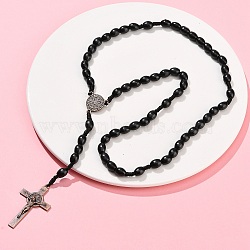 Oval Wood Rosary Bead Necklaces, Alloy Saint Benedict Medal Jesus Cross Pendant Necklaces, Red Copper, Black, 24.41 inch(62cm)(NJEW-C108-01)