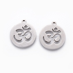 201 Stainless Steel Pendants, Manual Polishing, Flat Round with Aum/Om Symbol, Stainless Steel Color, 18x16x1.5mm, Hole: 1.2mm(STAS-F231-055P)