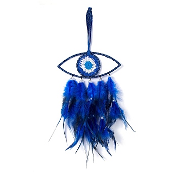 Handmade Evil Eye Woven Net/Web with Feather Wall Hanging Decoration, with Beads, for Home Offices Amulet Ornament, Dark Blue, 460mm