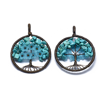 Natural Howlite Pendants, Dyed & Heated, with Acrylic and Brass Findings, Flat Round with Tree of Life, 59x47~47.5x9.5~10mm, Hole: 4mm
