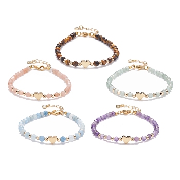 Round Faceted Natural Mixed Stone Beaded Bracelet, Golden Heart Beads Bracelet for Girl Women, 7-1/4~7-3/8 inch(18.3~18.8cm)