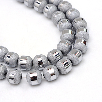 Electroplate Glass Bead Strands, Frosted, Round, Silver Plated, 8~9mm, Hole: 1.5mm, about 72pcs/strand, 24.4 inch