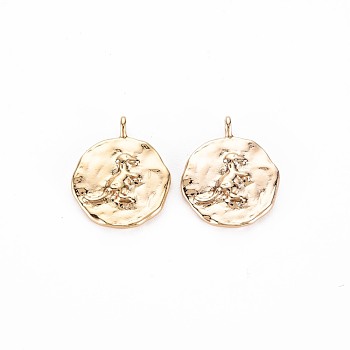 Brass Pendants, Nickel Free, Flat Round with Dinosaur, Real 18K Gold Plated, 16.5x13x2mm, Hole: 1.6mm