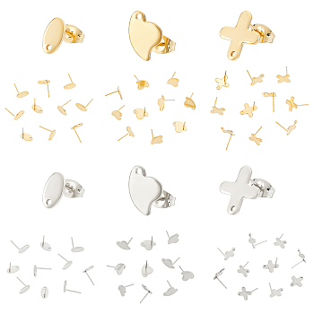 60Pcs 6 Style 304 Stainless Steel Stud Earring Findings, with Hole and 201 Stainless Steel Ear Nuts/Earring Backs, Cross & Cloud & Oval, Golden & Stainless Steel Color, 9~12x5~10.5mm, Hole: 1.2~1.4mm, Pin: 0.8mm, 10Pcs/style