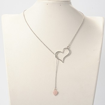 Trendy Alloy Heart Lariat Necklaces, with Rose Quartz Beads, Stainless Steel Cable Chains and Brass Lobster Claw Clasps, Platinum, 18.1 inch