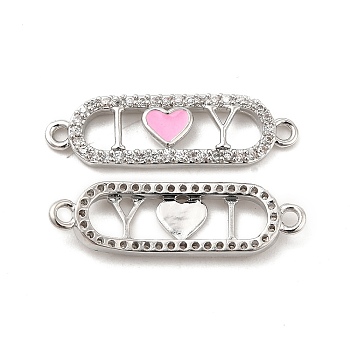 Brass Micro Pave Clear Cubic Zirconia Connetor Charms, with Enamel, Oval Links with Pink Heart, Platinum, 7x24.5x2.5mm, Hole: 1.4mm