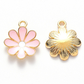 Alloy Enamel Pendants, Flower, Light Gold, Pink, 19x16x3.5mm, Hole: 1.8mm