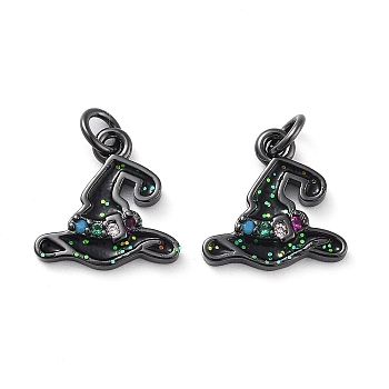 Rack Plating Brass Micro Pave Colorful Grade AAA Cubic Zirconia Pendants, with Enamel and Jump Ring, Long-Lasting Plated, Cadmium Free & Lead Free, Witch Hat Charms, Gunmetal, 11x11.5x2.5mm, Hole: 2mm